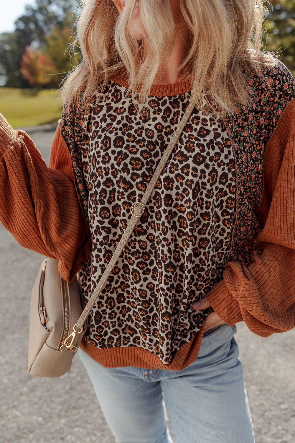 Leopard Floral Print Ribbed Puff Sleeve Patchwork Loose Pullover