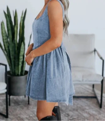 Square Neck Bowknot A-line Sleeveless Denim Dress