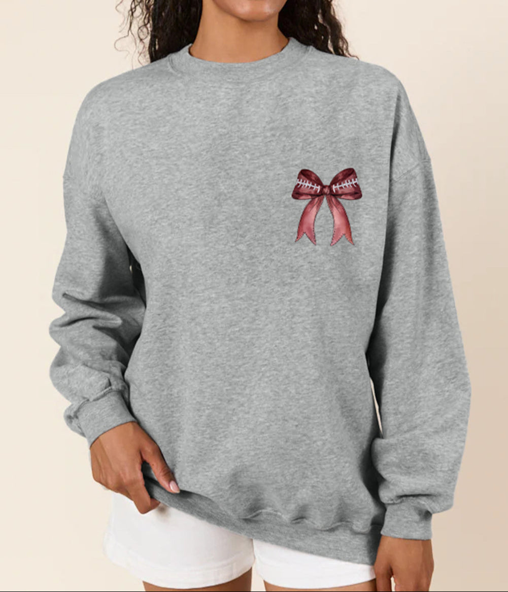 Football Bow Print Drop Shoulder Pullover Sweatshirt