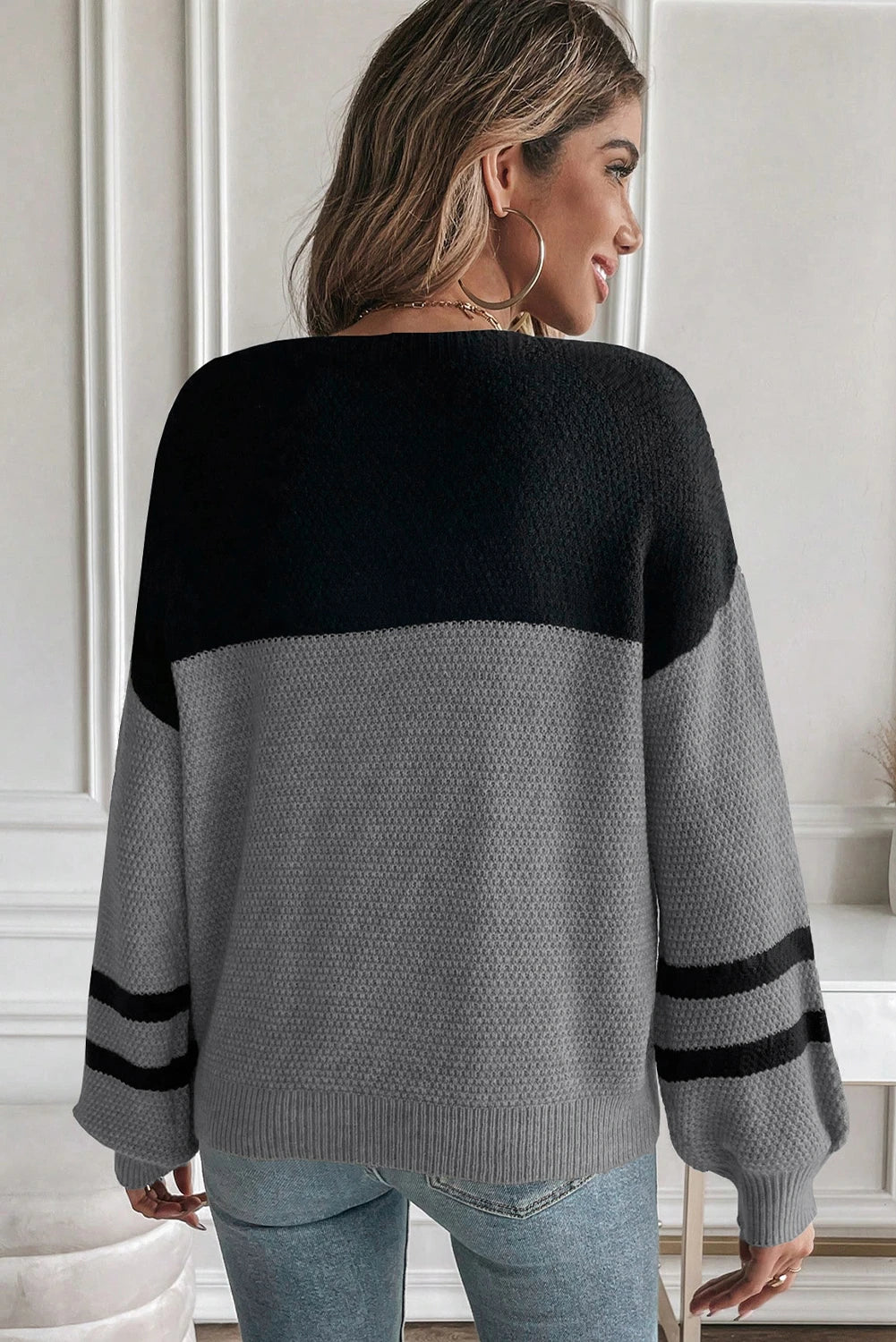 Block Knit Striped Sleeve Detail Casual Sweater
