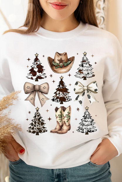 Cowgirl Bow Christmas Tree Print Drop Shoulder Sweatshirt