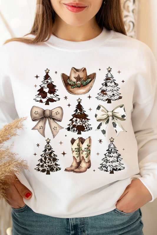 Cowgirl Bow Christmas Tree Print Drop Shoulder Sweatshirt