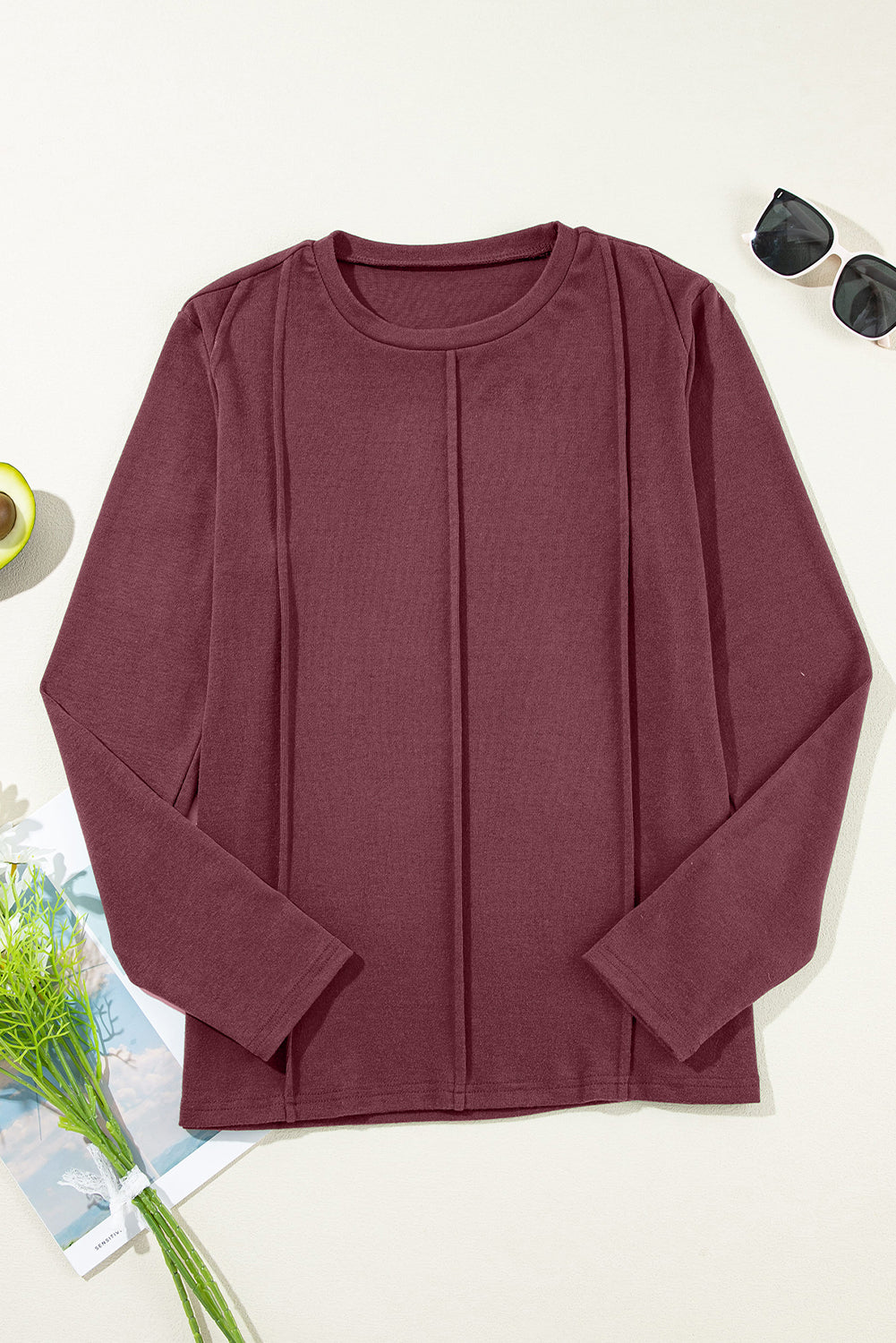 Solid Exposed Seam Crew Neck Long Sleeve Top