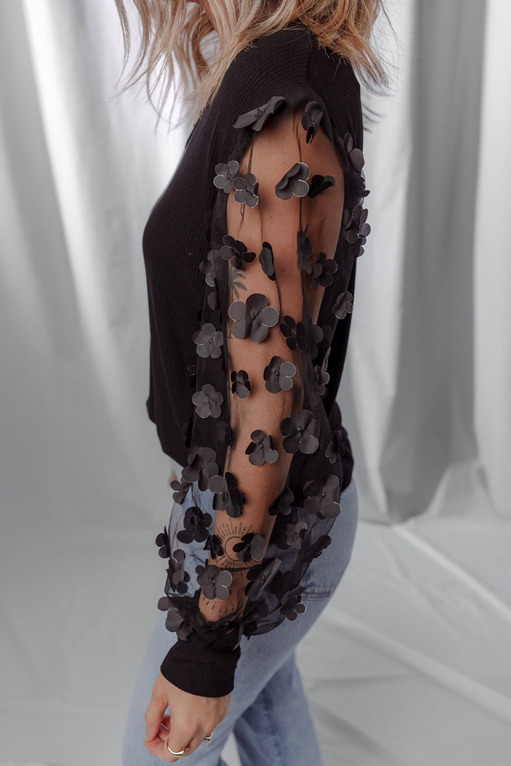 Flower Applique Mesh Long Sleeve V Neck Blouse