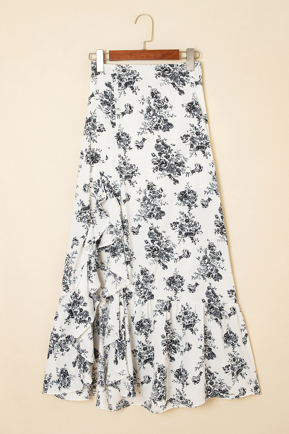 Boho Floral High Waist Ruffle Split Maxi Skirt