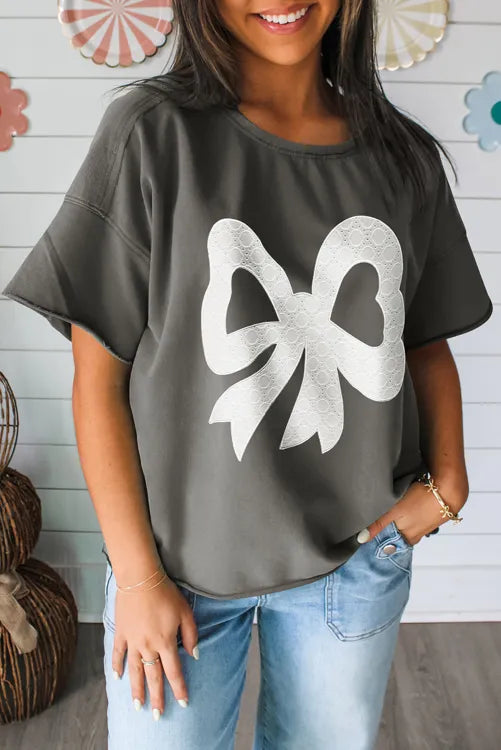 Sea Green Lace Bow Raw Edge Drop Shoulder Casual T Shirt