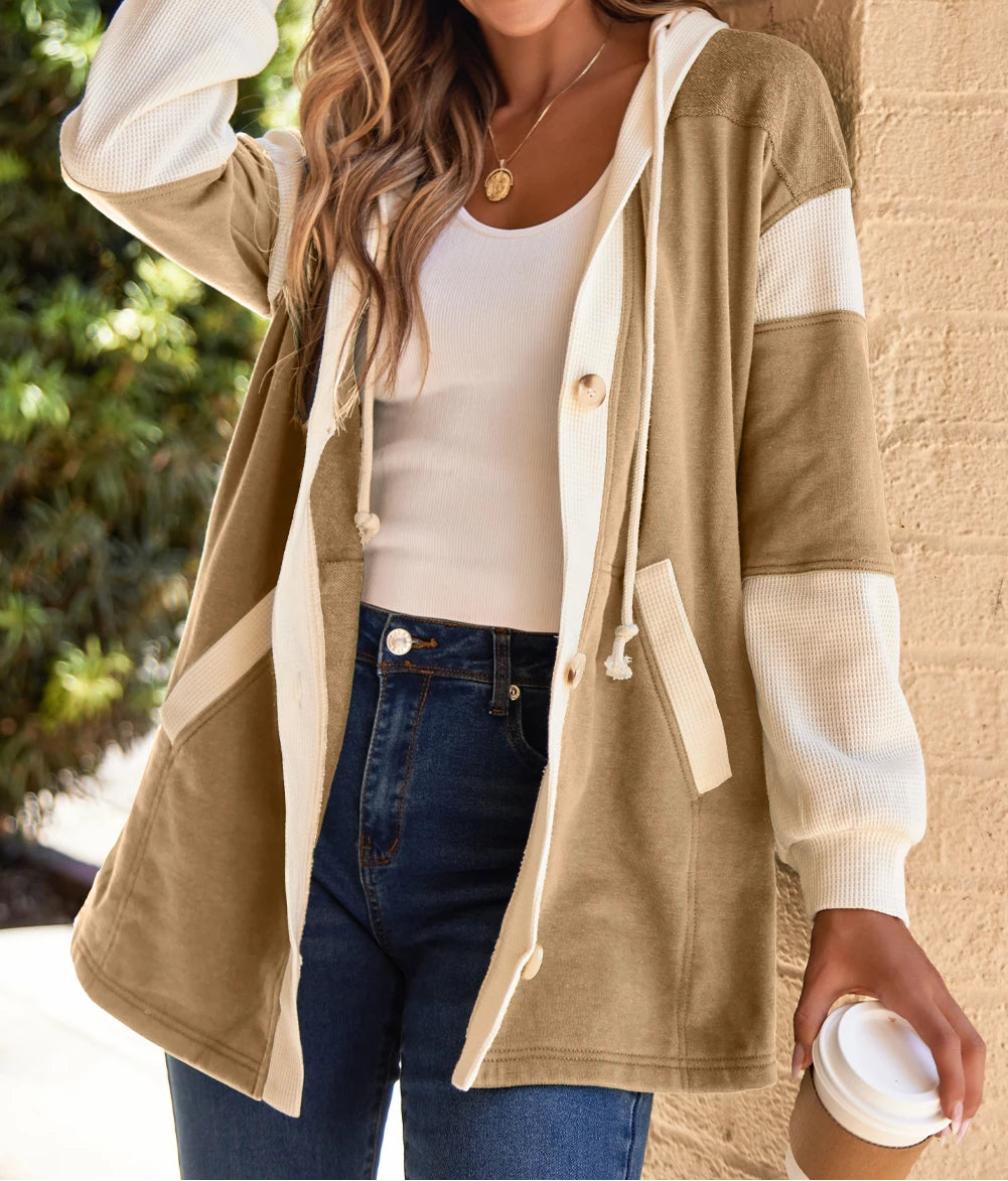 Patchwork Button Front Oversize Hoodie