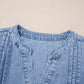 Pintuck Pleats Puff Sleeve Split V Neck Summer Denim Top