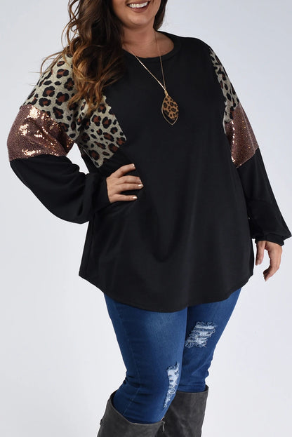 Plus Size Leopard Sequin Patchwork Top