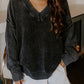 V Neck Knit Exposed Seam Drop Shoulder Loose Sweater