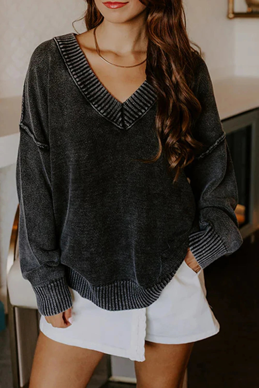 V Neck Knit Exposed Seam Drop Shoulder Loose Sweater