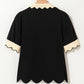 Scallop Trim Color Block Long Sleeve Collared Top