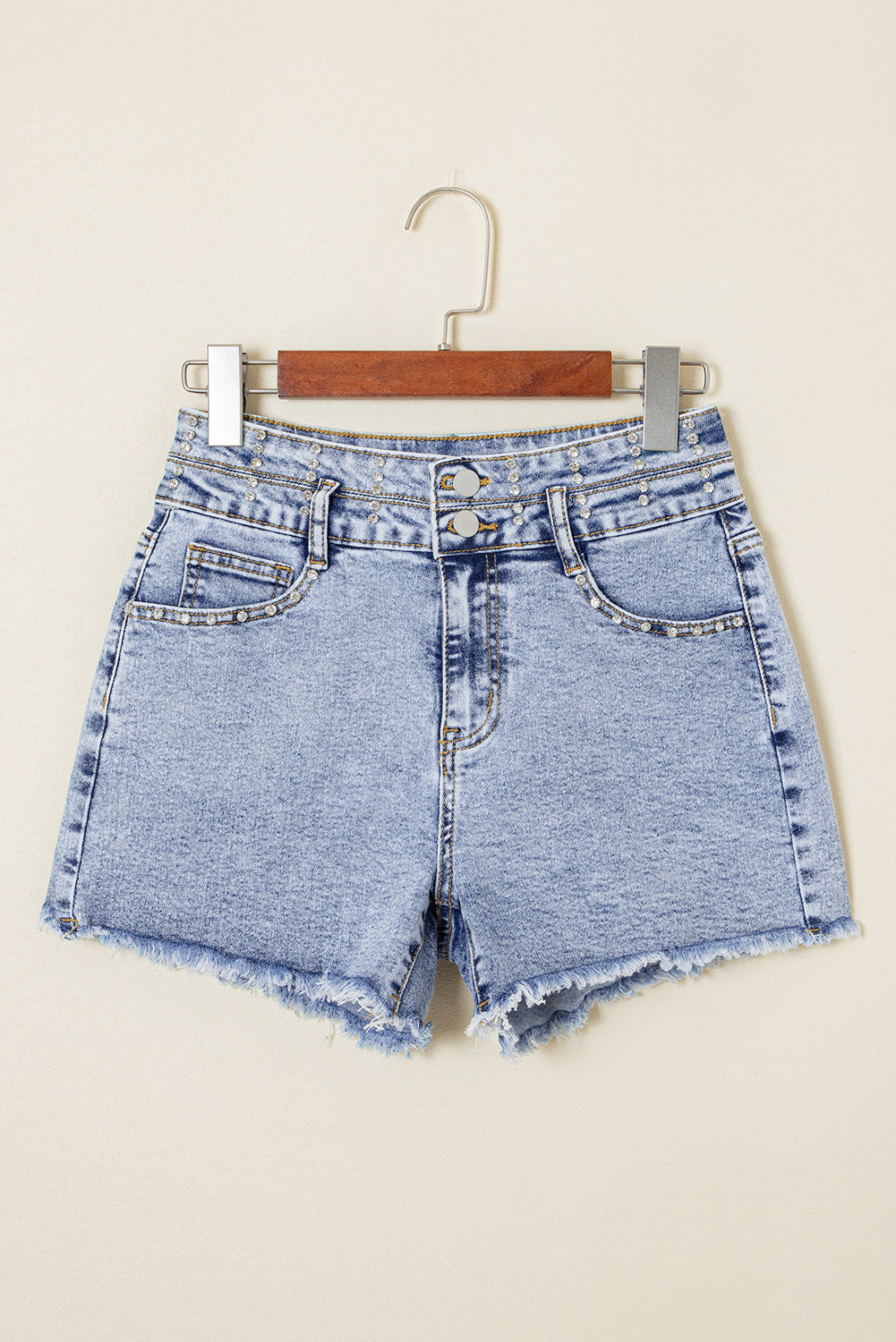 Rhinestone Light Wash Raw Hem High Waist Denim Shorts