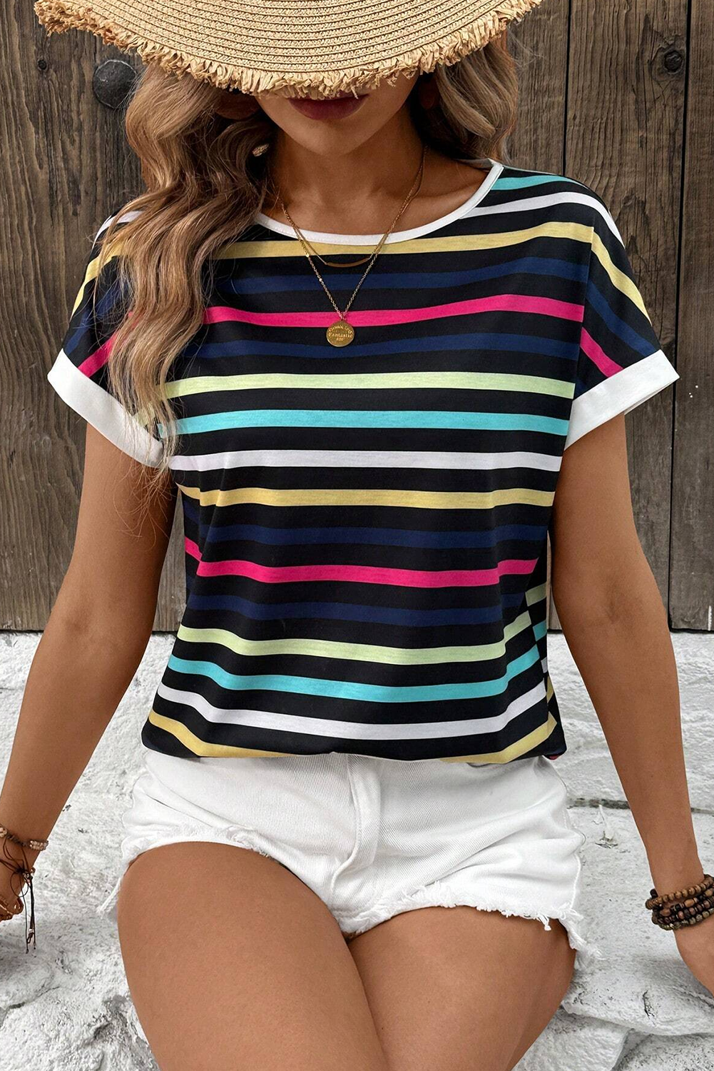 Multicolor Contrast Edge Crew Neck T Shirt