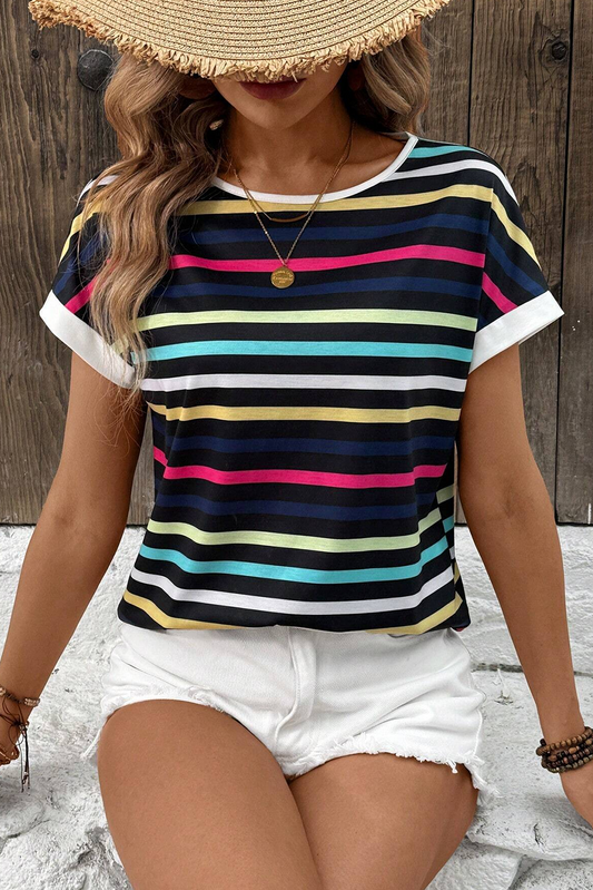 Multicolor Contrast Edge Crew Neck T Shirt