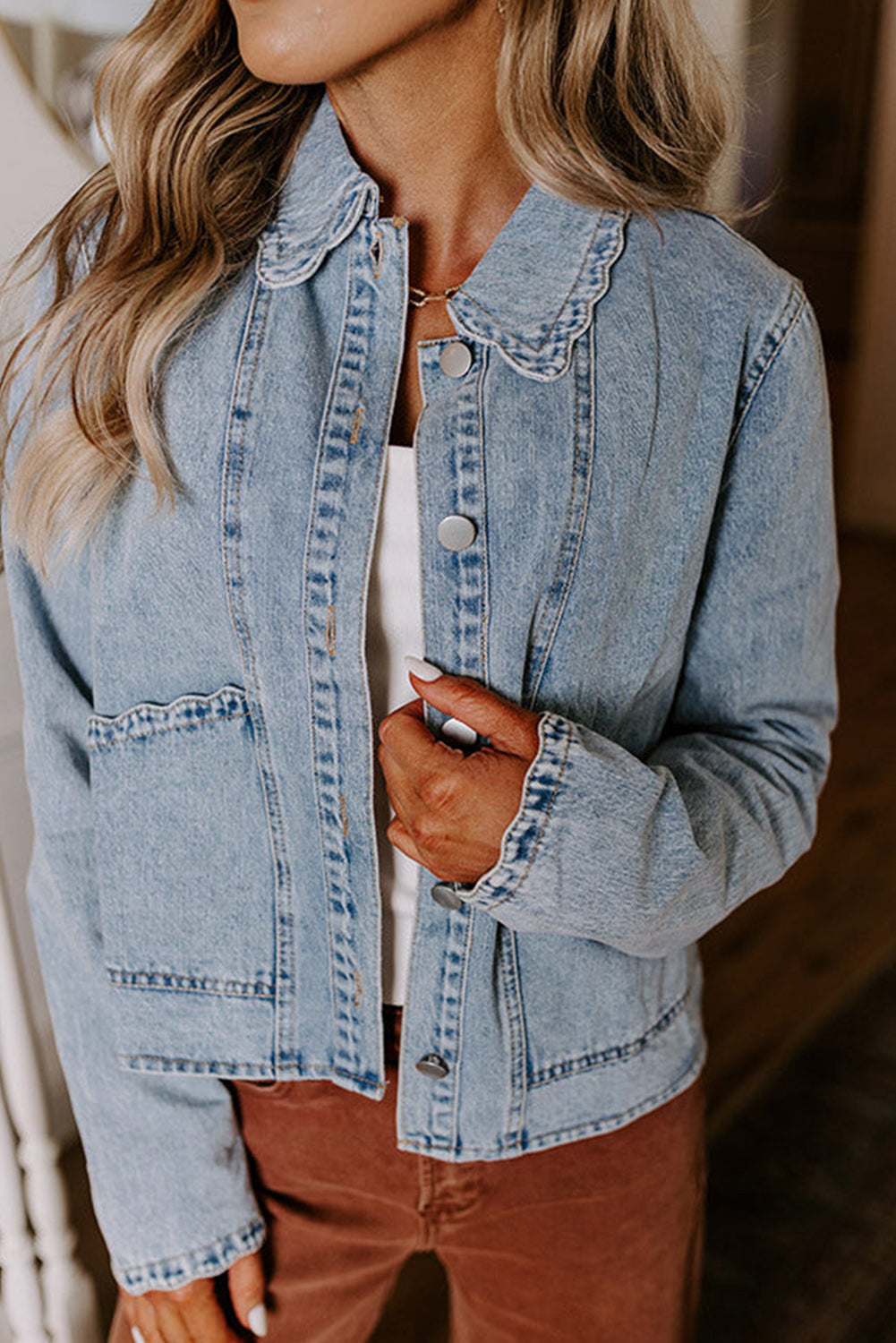 Scallop Trim Collar Patched Pocket Button Up Denim Jacket