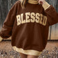 Coffee Polka Dot Trim High Neck BLESSED Letter Graphic Baggy Sweatshirt