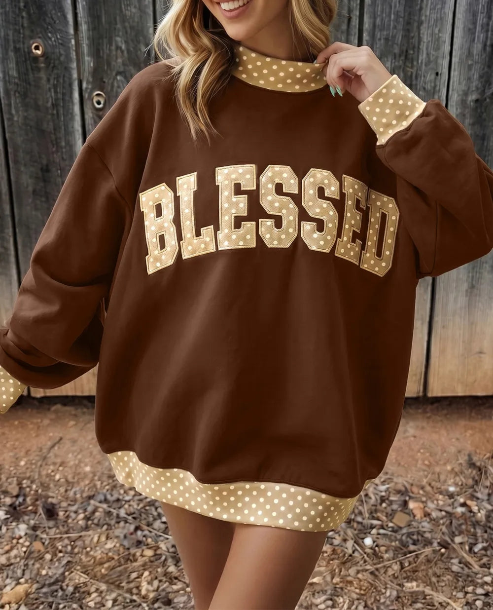 Coffee Polka Dot Trim High Neck BLESSED Letter Graphic Baggy Sweatshirt