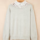 Button Keyhole Lace Patchwork Drop Shoulder Sweater