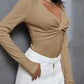 Textured Twist Front V Neck Long Sleeve Slim Solid Color Top