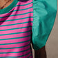 Colorblock Ruffled Sleeve Crew Neck Blouse