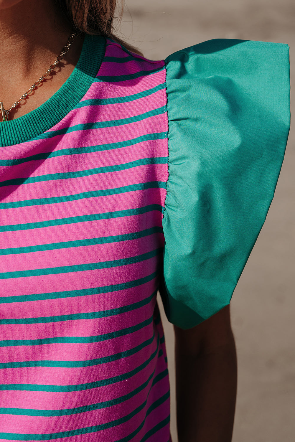 Colorblock Ruffled Sleeve Crew Neck Blouse