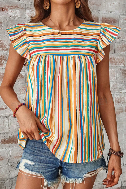 Vibrant Stripes Printed Flutter Sleeve Babydoll Blouse