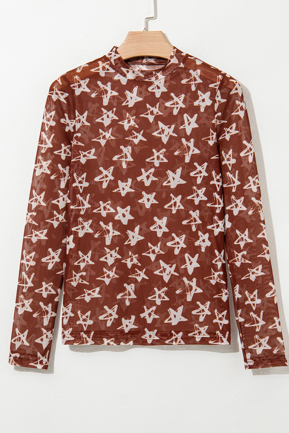 Mesh Star Print Mock Neck Sheath Long Sleeve Top