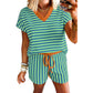 Stripe Colorblock Trim V Neck Tee Drawstring Elastic Waist Short Set