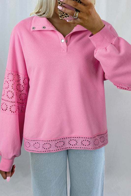 Embroidered Flower Patchwork Snap Buttons Pullover Sweatshirt