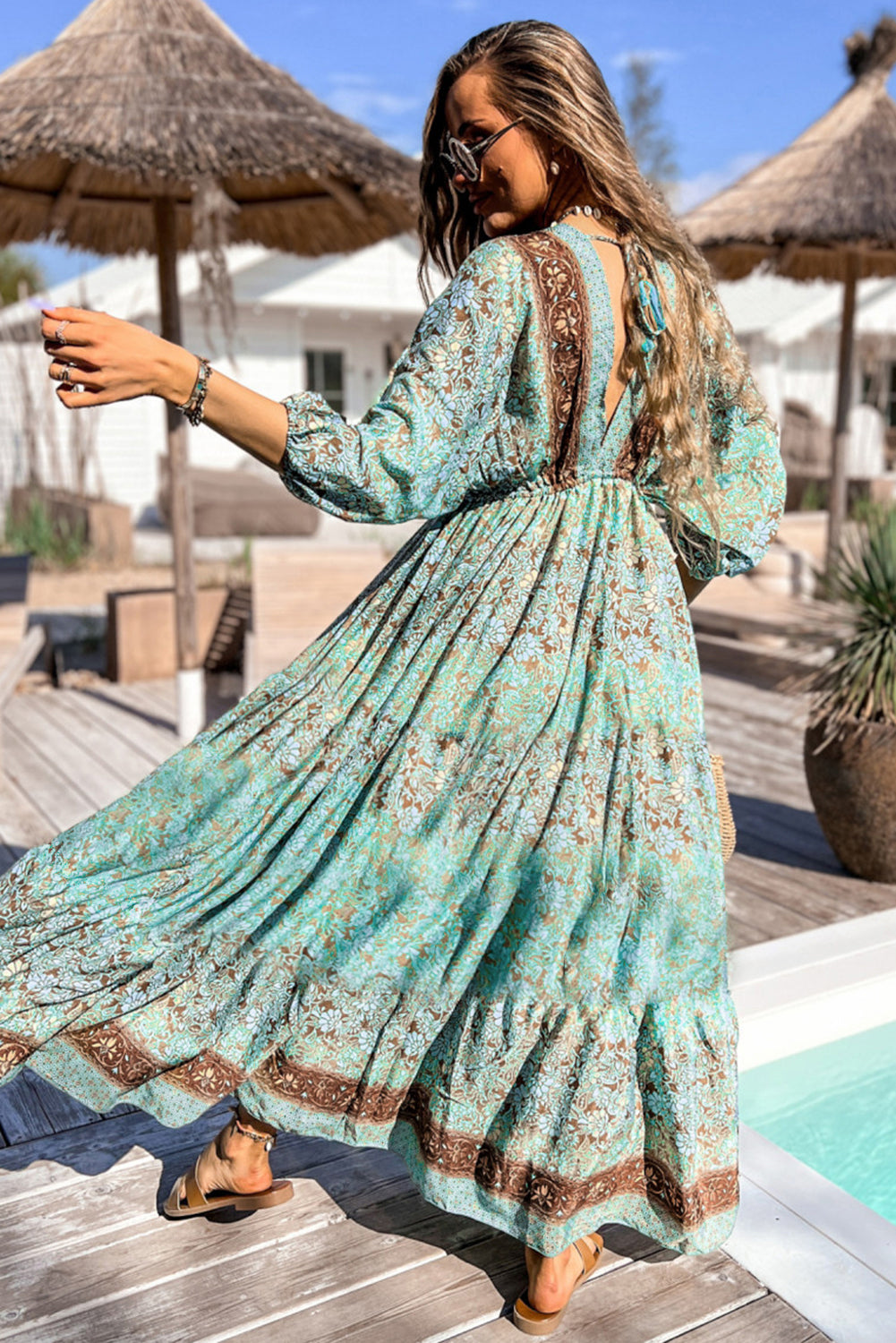 Boho Floral Lace-up Open Back Maxi Dress