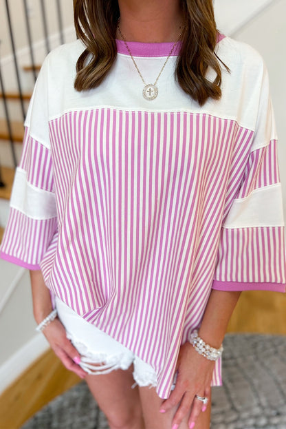 Plus Size Stripe Patchwork Bracelet Sleeve Tee