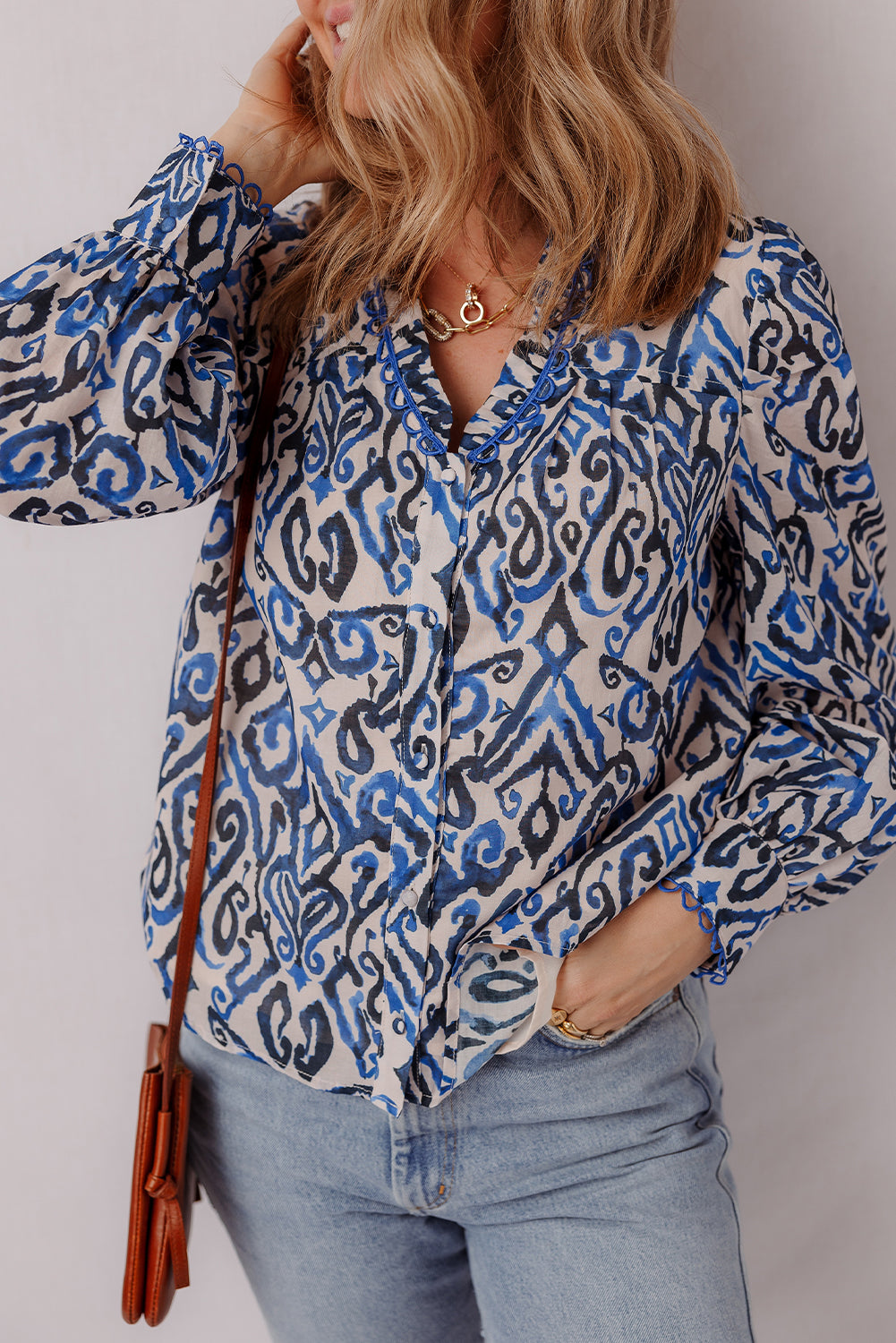 Bohemian Print Embroidered V Neckline Detail Long Sleeve Shirt