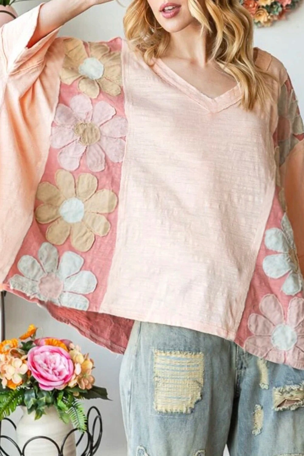 Floral Patchwork Bracelet Sleeve Oversized Top