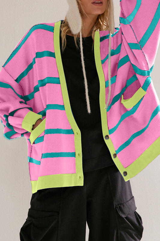 Colorblock Drop Shoulder Buttoned Loose Cardigan