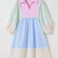 Striped Patchwork Ric Rac Puff Sleeve Collared Mini Dress
