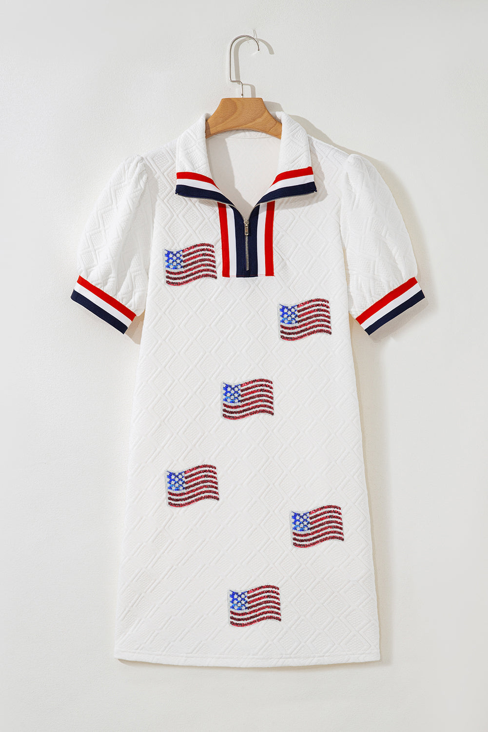 Textured Contrast Striped Detail Sequin Flag Patched Zip Collar T Shirt Dress