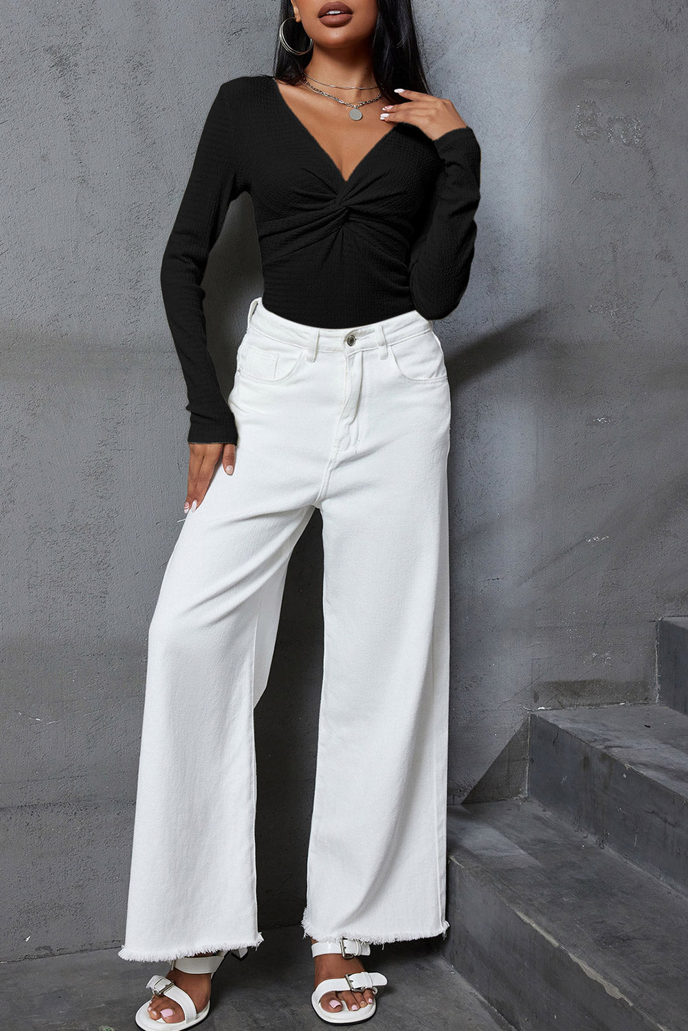 Textured Twist Front V Neck Long Sleeve Slim Solid Color Top