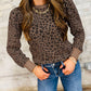 Ribbed Trim Leopard Print Long Sleeve Top