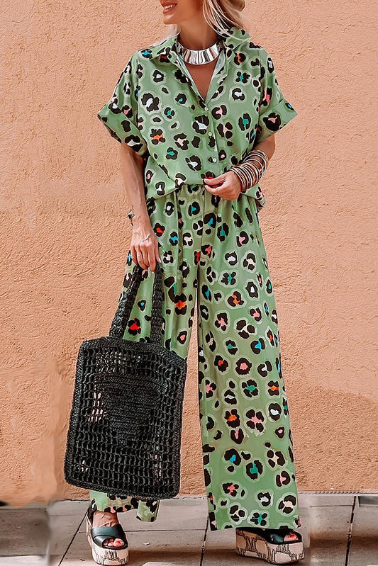 Leopard Print Shirt and Wide Leg Pants Set