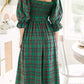 Square Neck Puff Sleeve Knot Waist Flared Midi Dress