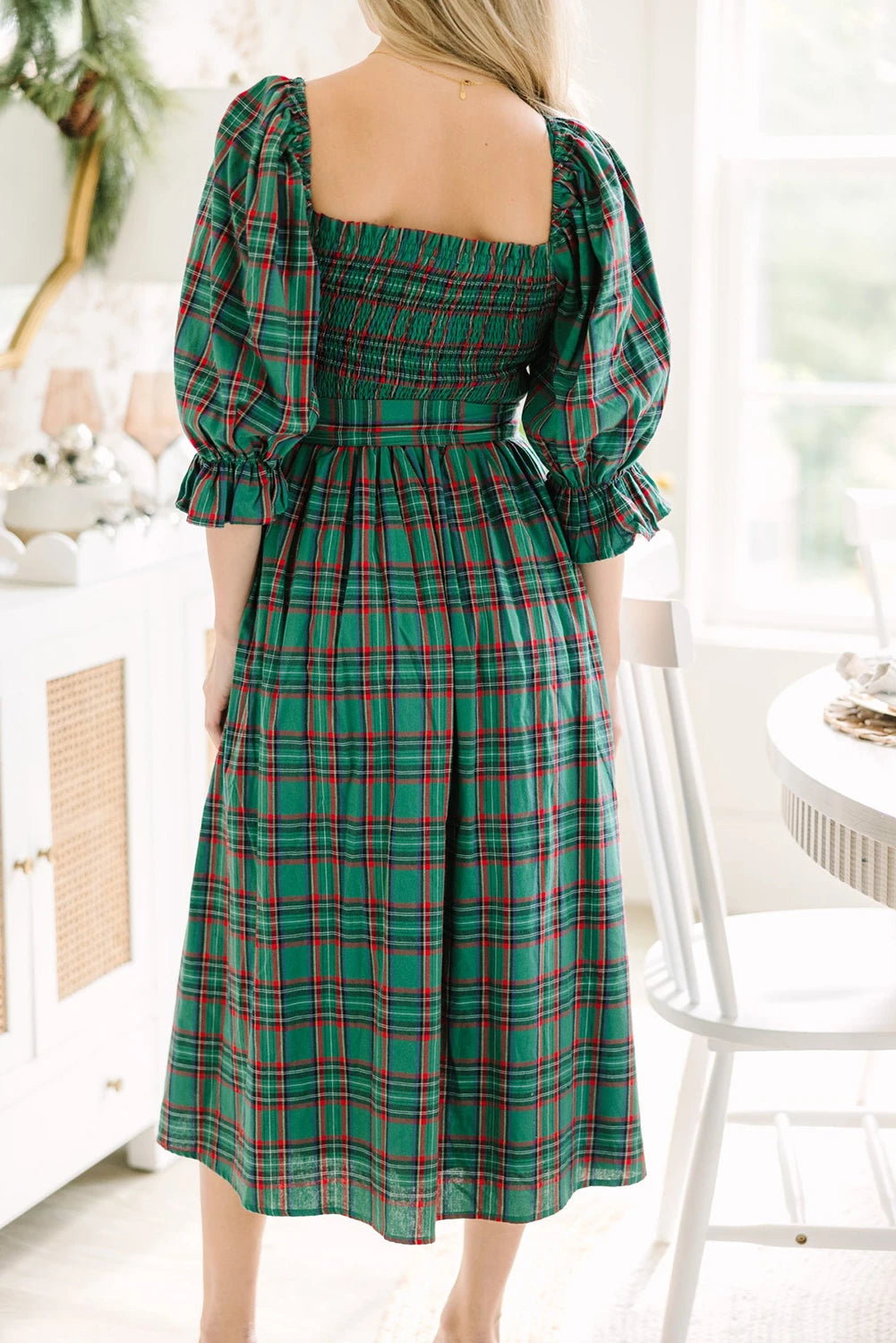Square Neck Puff Sleeve Knot Waist Flared Midi Dress
