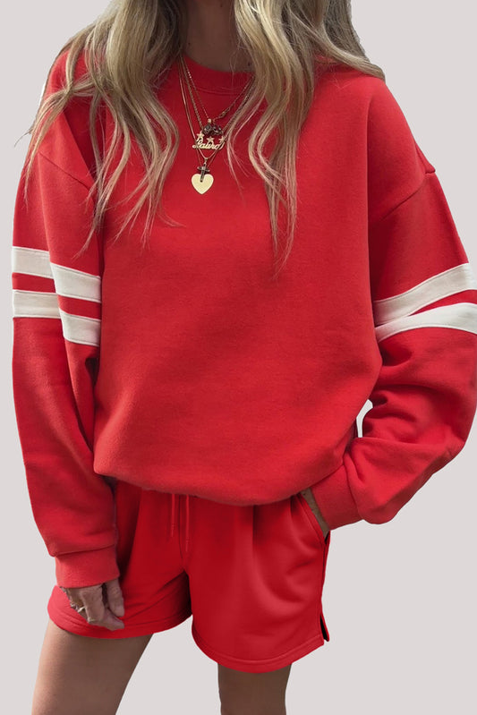Varsity Striped Sleeve Drop Shoulder Sweatshirt and Short Set