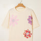 Flower Patched Exposed Stitching Trim Crew Neck Loose Tee