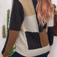 Block Cable Knit Sleeve Buttons Collared Sweater