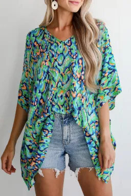 Abstract Print V Neck Half Sleeve Loose Fit Tunic Blouse