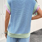 Corded Knit Contrast Trim Round Neck Cap Sleeve 2pcs Short Set