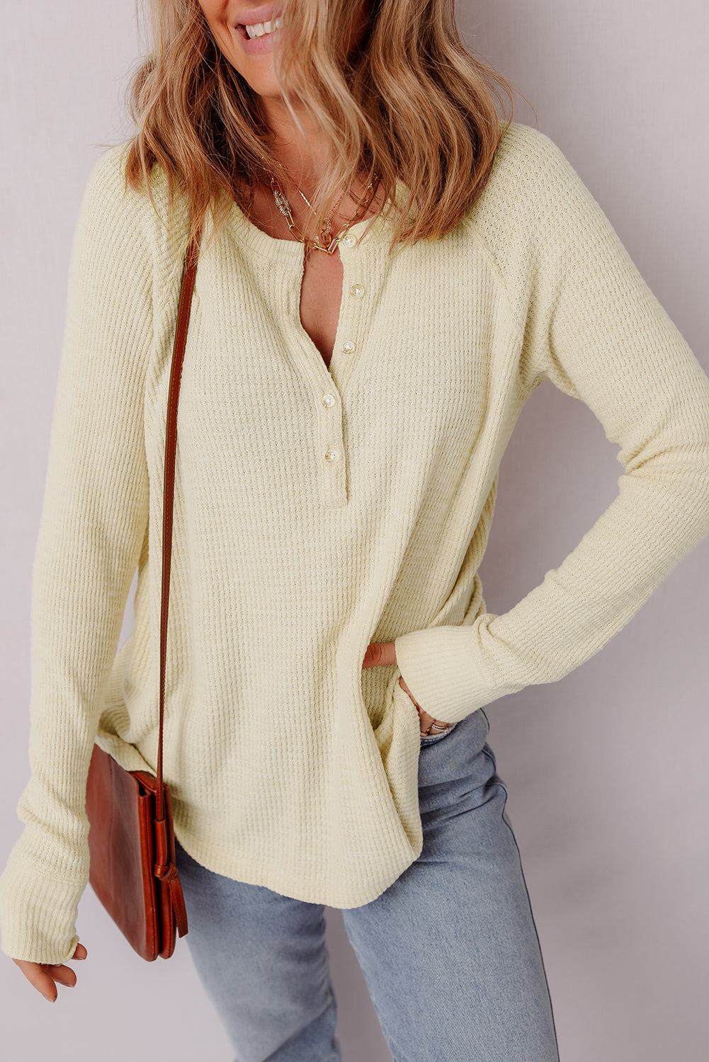 Textured Knit Half Buttons Henley Top