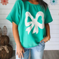 Sea Green Lace Bow Raw Edge Drop Shoulder Casual T Shirt