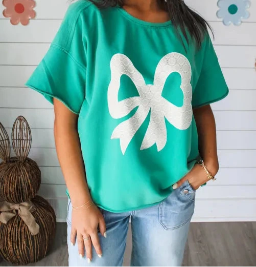 Sea Green Lace Bow Raw Edge Drop Shoulder Casual T Shirt